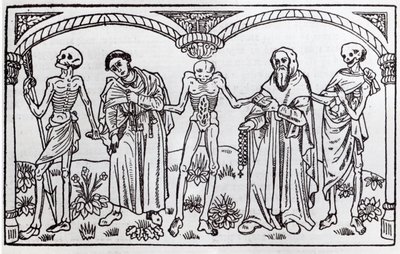 Death taking the Monk and the Abbot, from the Danse Macabre, published Paris, 1485 by Guy Marchant